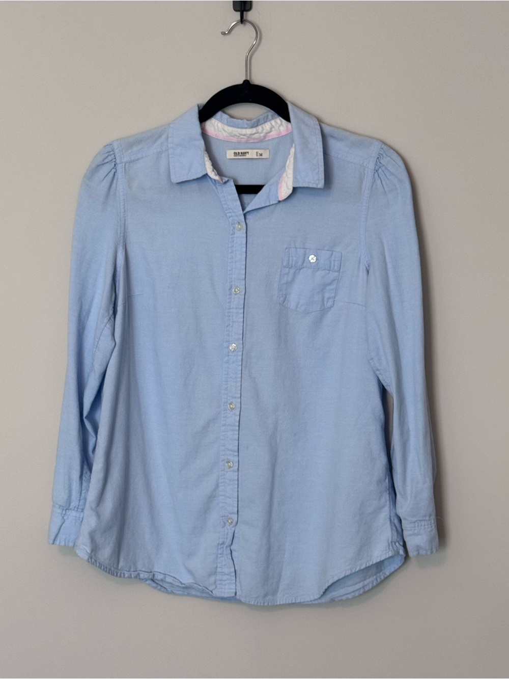 Old Navy Light Blue Chambray Button-Down Shirt Size Medium Puff Shoulder